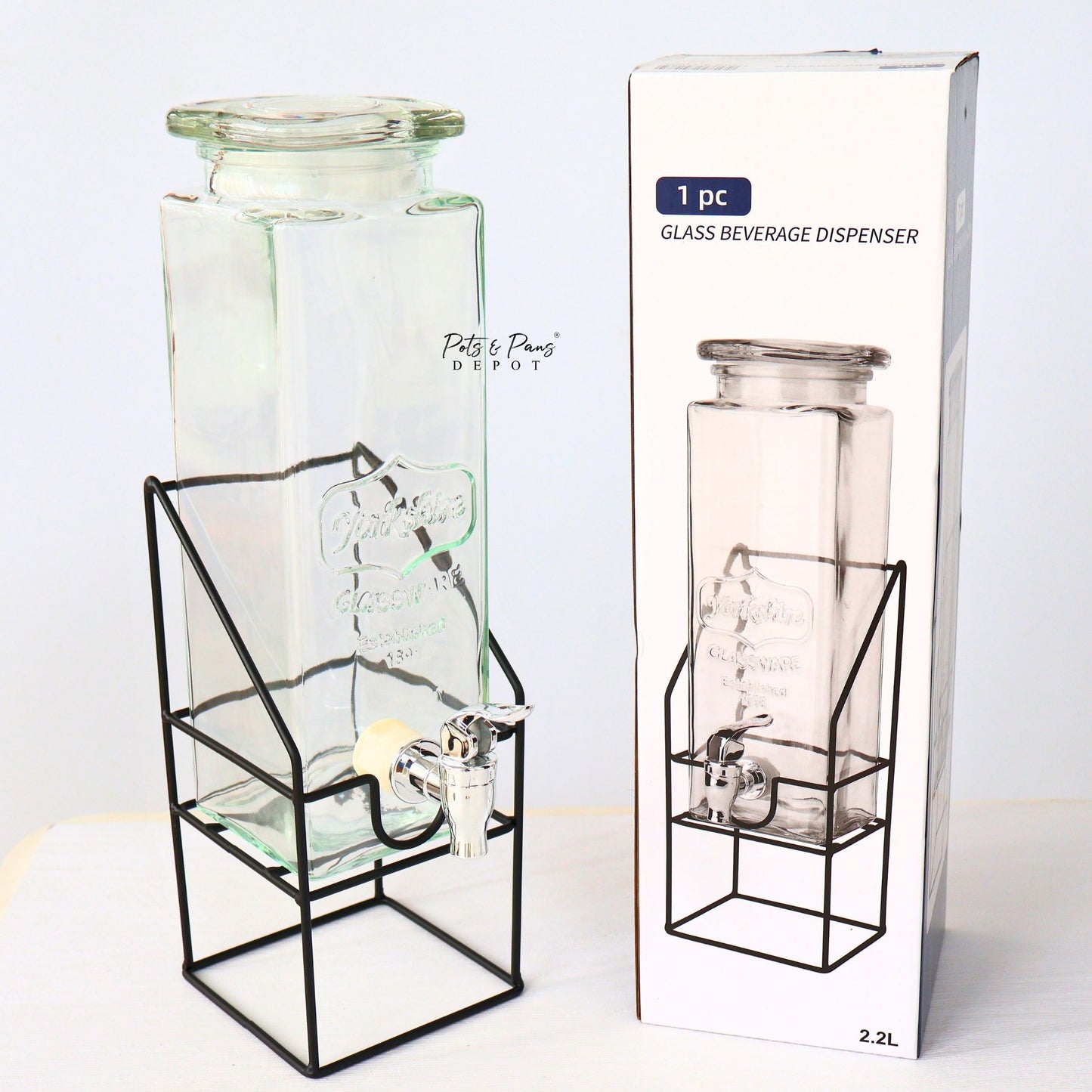 Glass Beverage Airtight Dispenser 2.2L | Gift Box + Stand Included