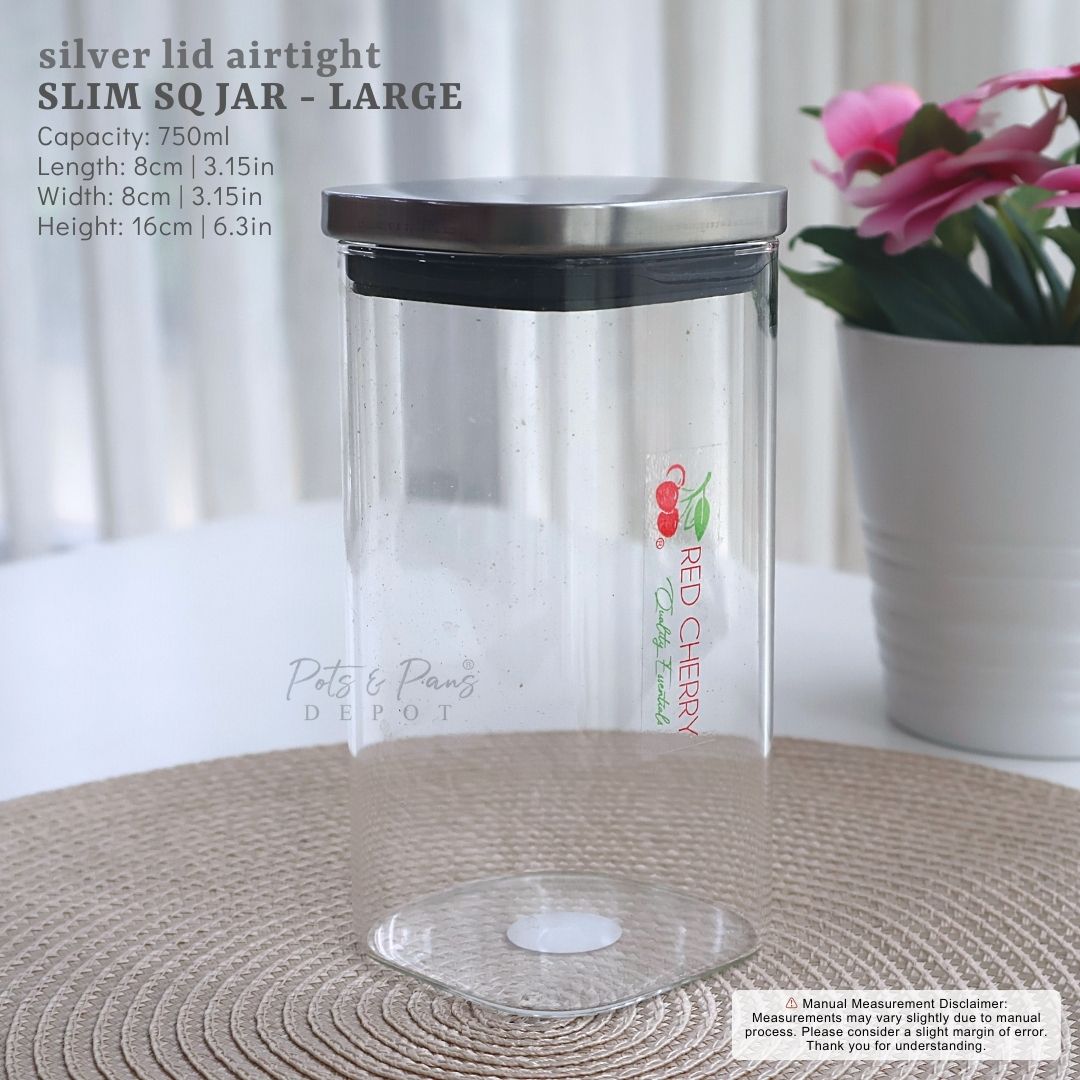 Silver Lid Airtight Slim Sq. Jar