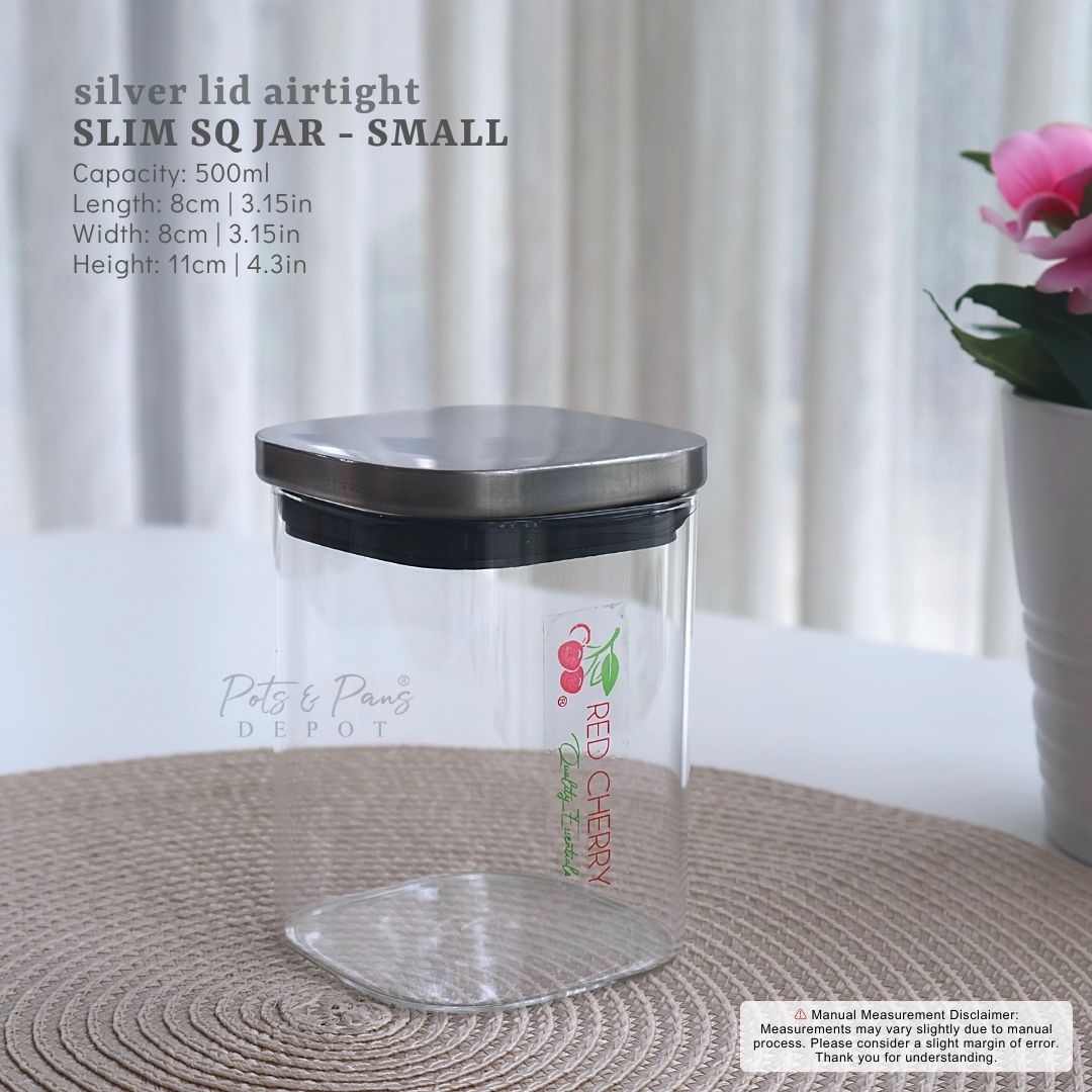 Silver Lid Airtight Slim Sq. Jar