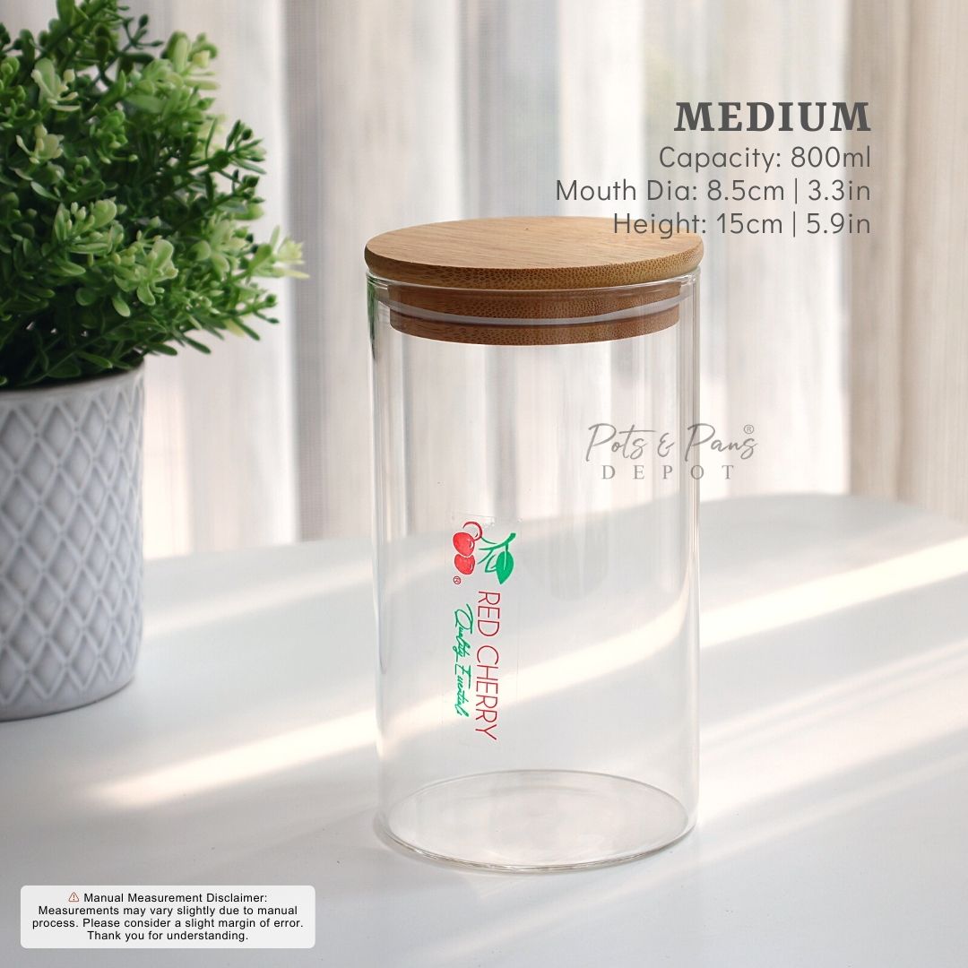 Red Cherry Round Slim Airtight Glass Jar w/ Bamboo Lid