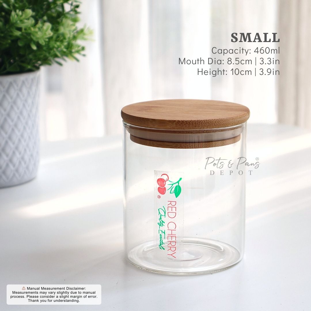 Red Cherry Round Slim Airtight Glass Jar w/ Bamboo Lid