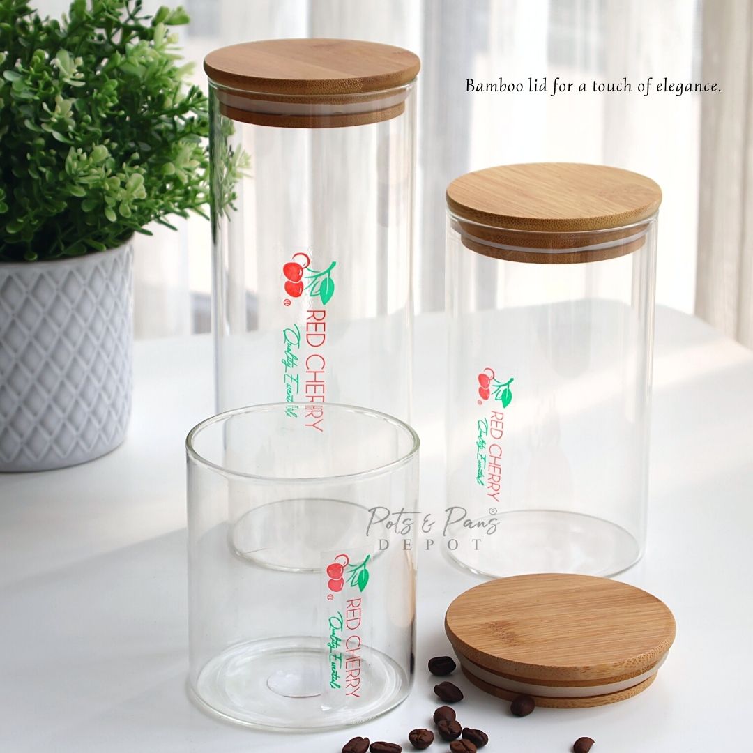 Red Cherry Round Slim Airtight Glass Jar w/ Bamboo Lid