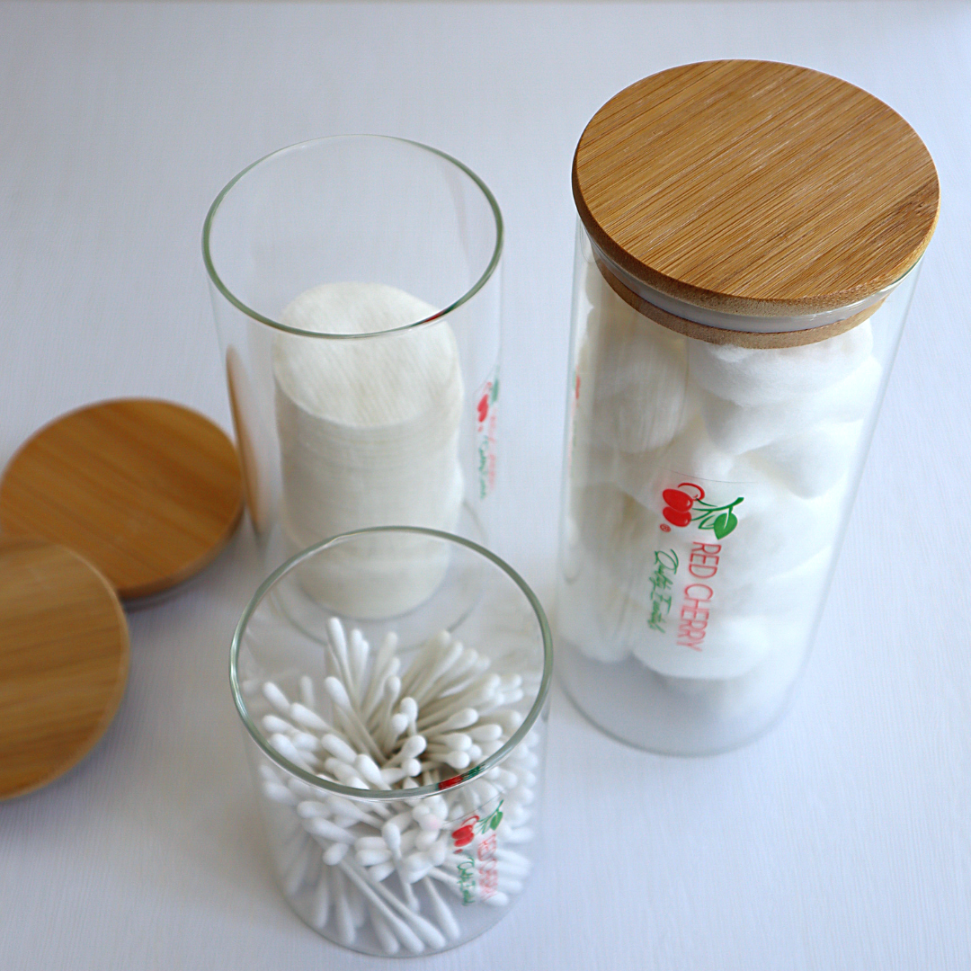 Red Cherry Round Slim Airtight Glass Jar w/ Bamboo Lid