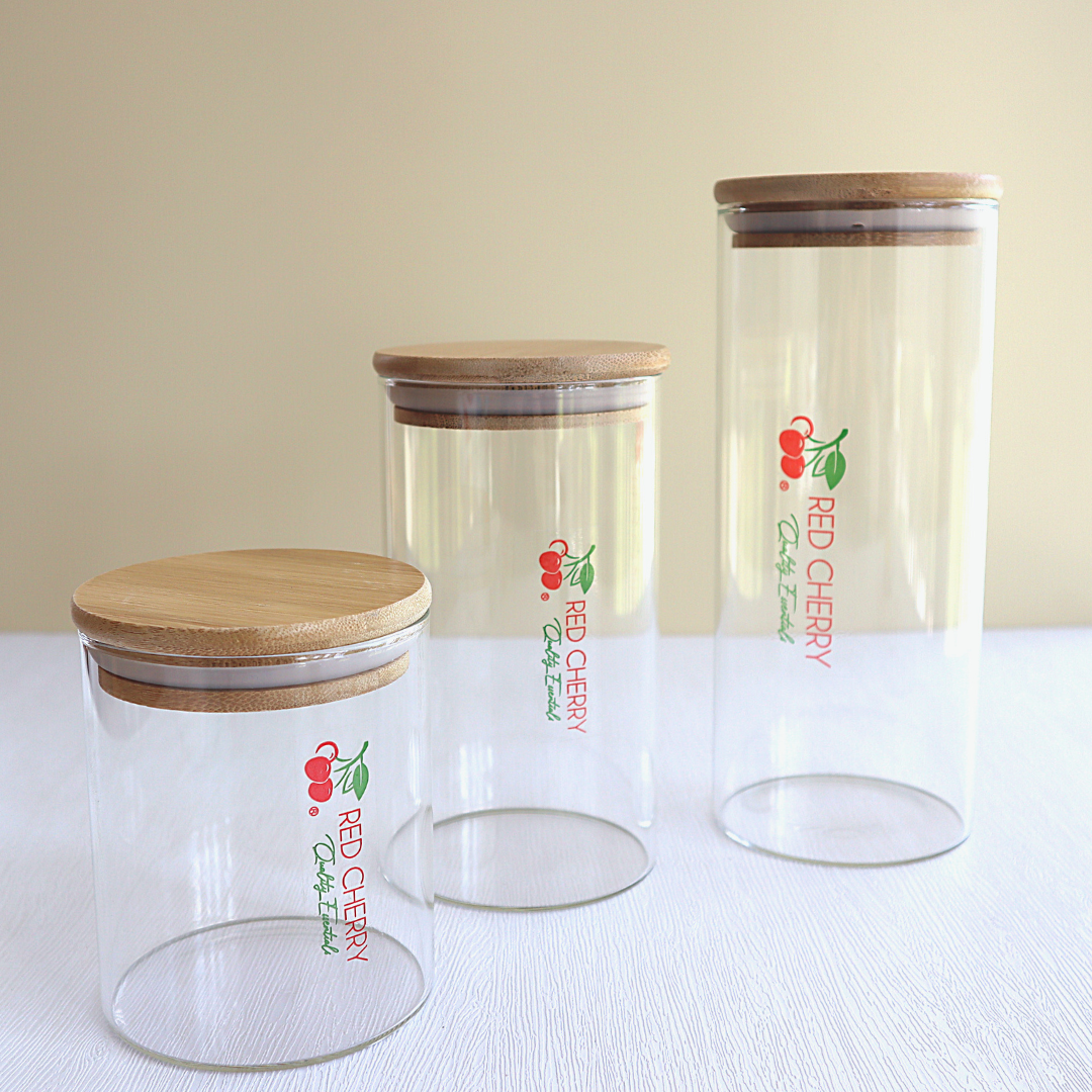 Red Cherry Round Slim Airtight Glass Jar w/ Bamboo Lid