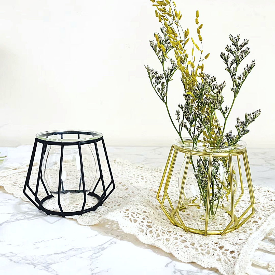 Retro Iron Wire Glass Mini Desk Vase