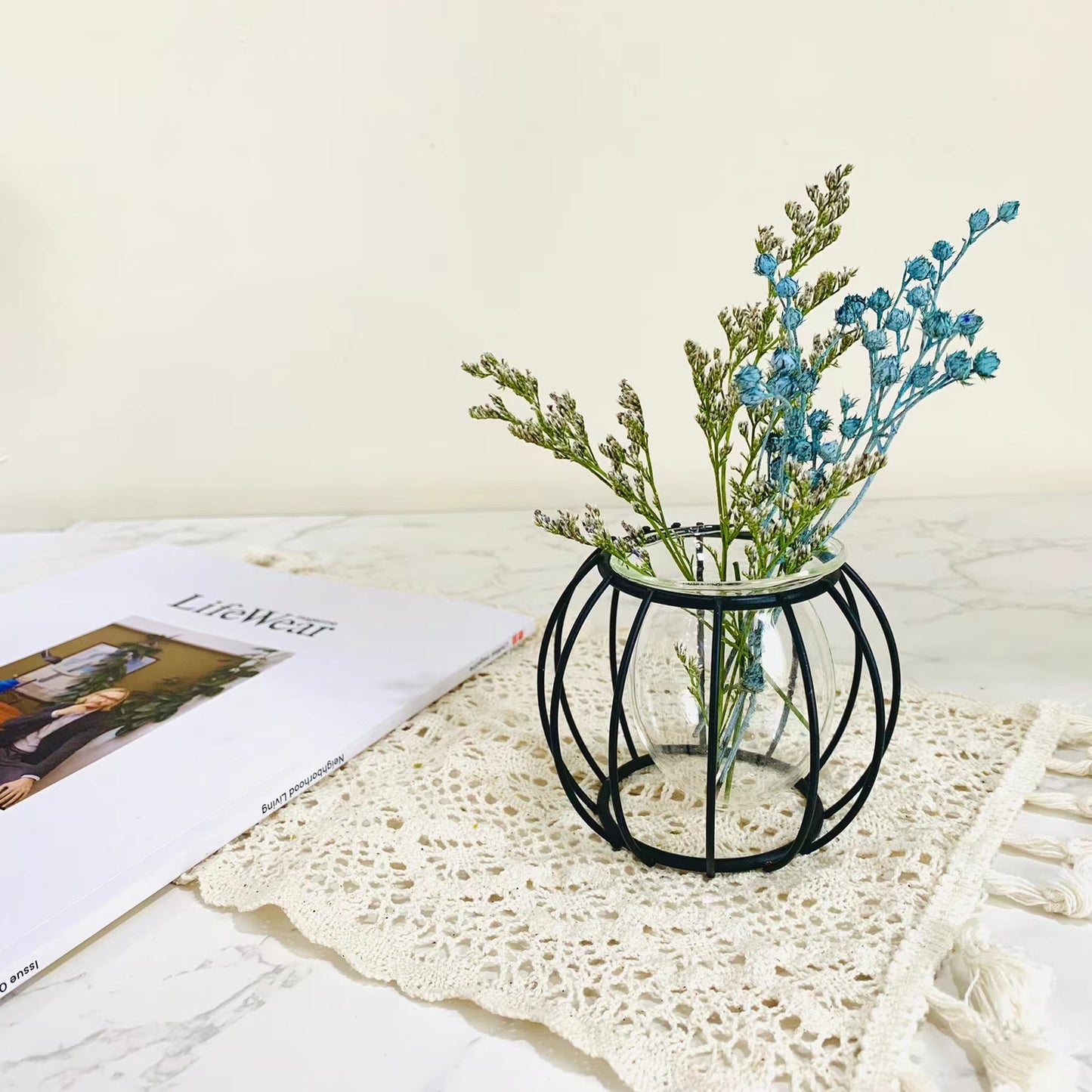 Retro Iron Wire Glass Mini Desk Vase