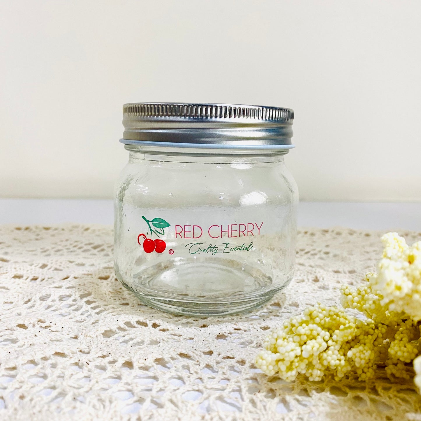 Red Cherry Mason Jar with Silver Lid