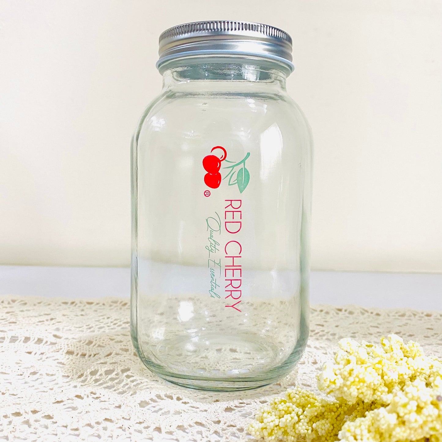 Red Cherry Mason Jar with Silver Lid